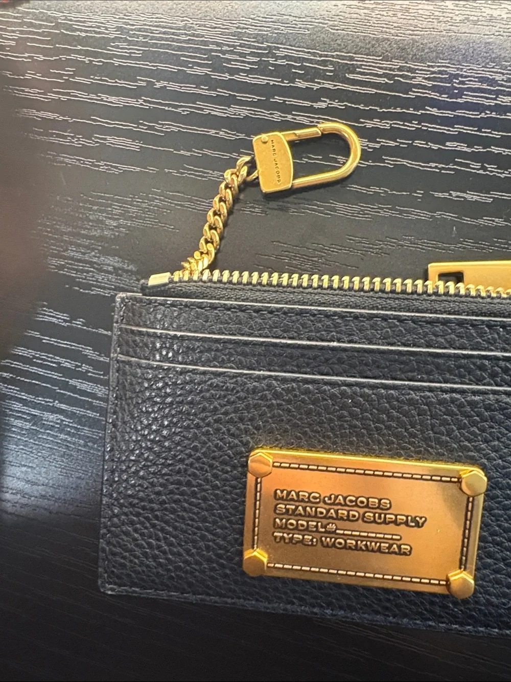 Marc Jacobs Black Pebbled Leather Wristlet Card Pouch with Gold Plaque